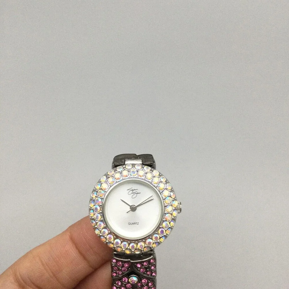 Suzanne Somers Womens Watch 25mm White Dial Pink Crystal Bracelet New Battery